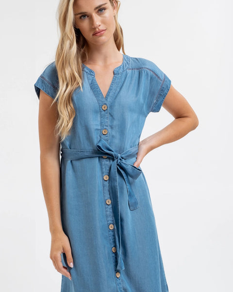 Chambray Button Down Belted Midi Dress