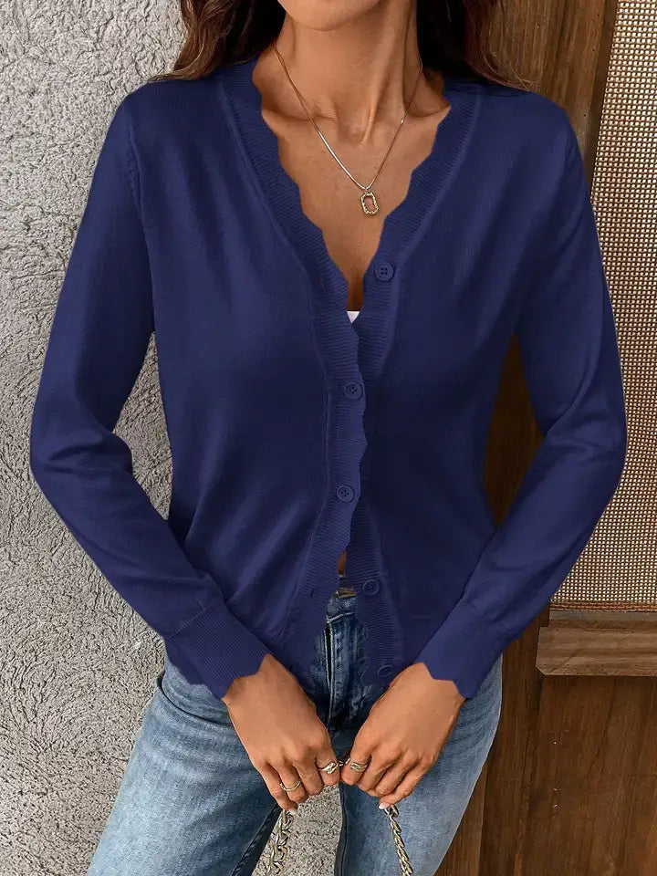 Lightweight Scalloped Edge V-Neck Knit Cardigan