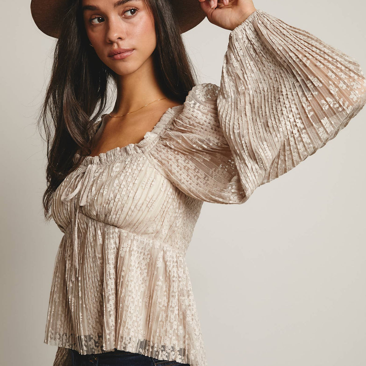 Zoey Pleated Lace Peplum Blouse