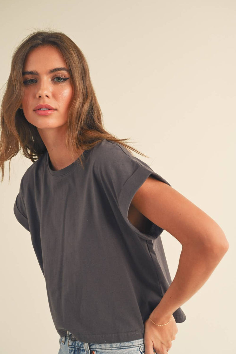 Round Neck Cuffed Sleeve