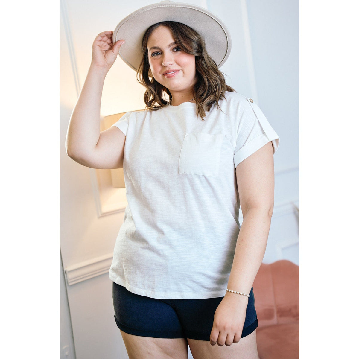 White Short Sleeve Tee with Button Tab - Women's clothing