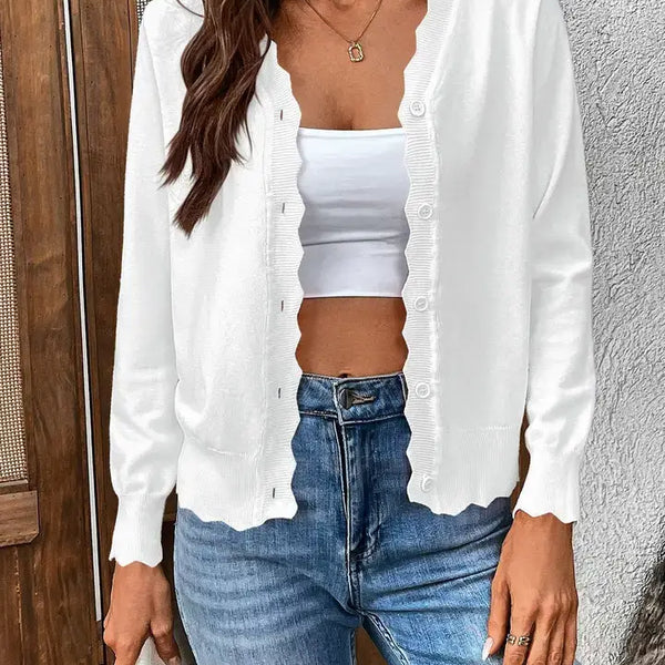 Lightweight Scalloped Edge V-Neck Knit Cardigan