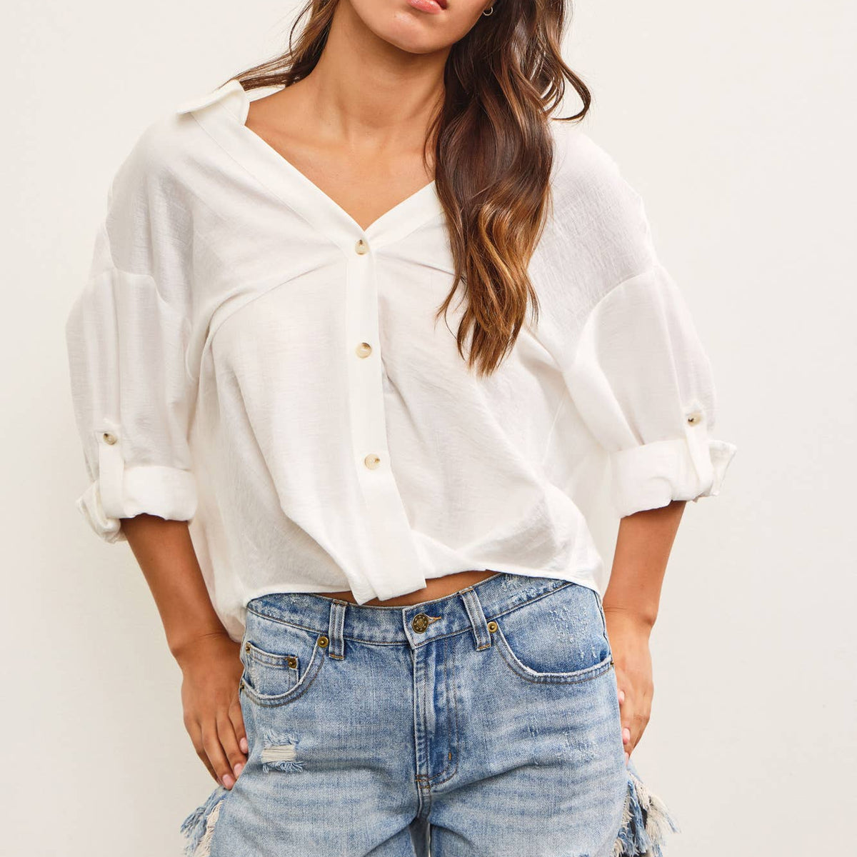 V-Neck Knotted Button Up