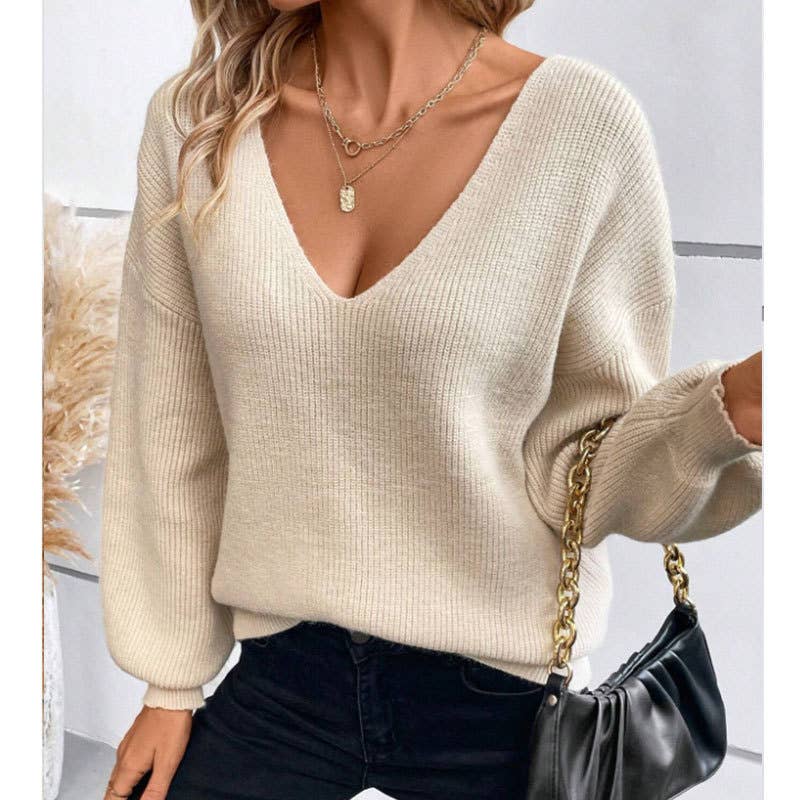 V-neck plain knit sweater with back tie