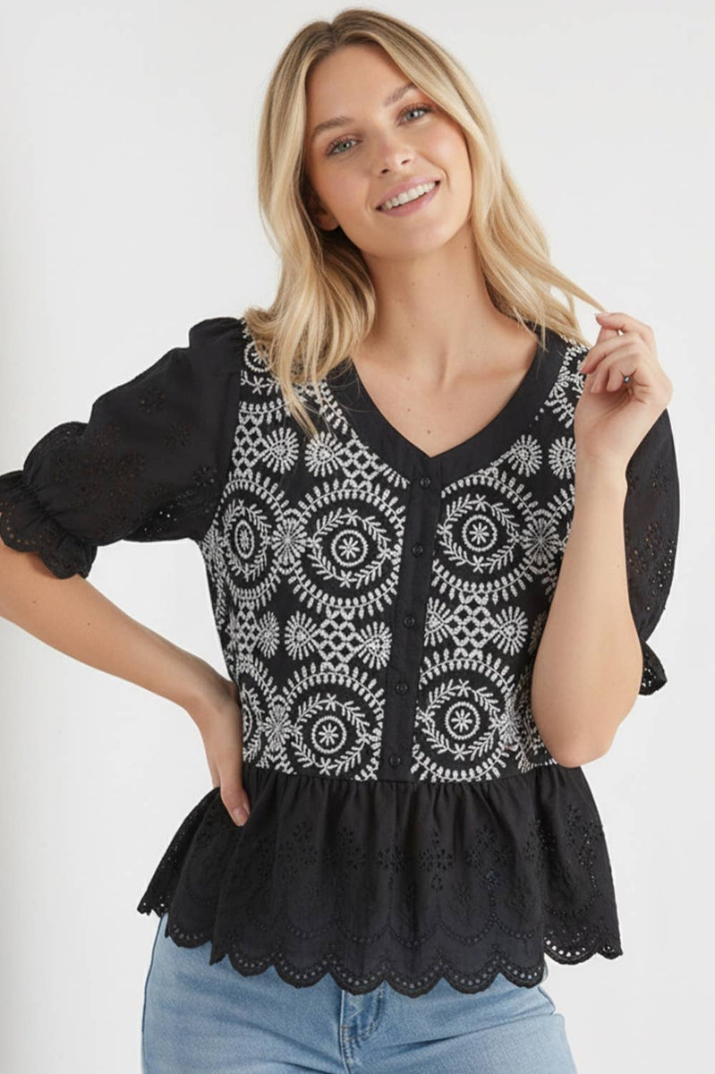 Button Down Eyelet Lace Blouse