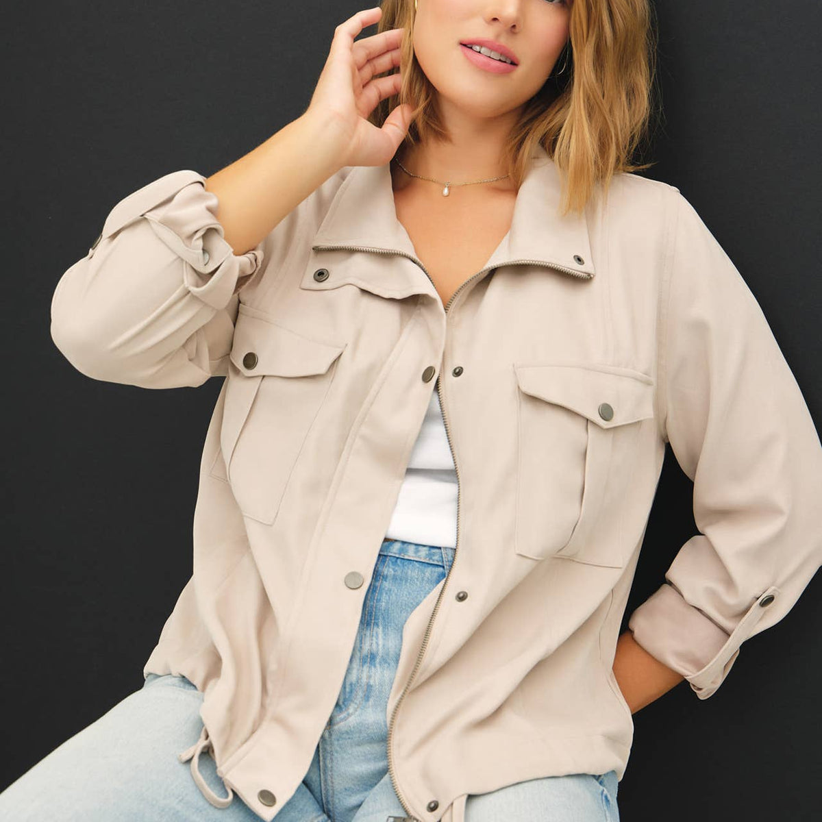 Cropped Utility Zipper Safari Jacket-Curvy