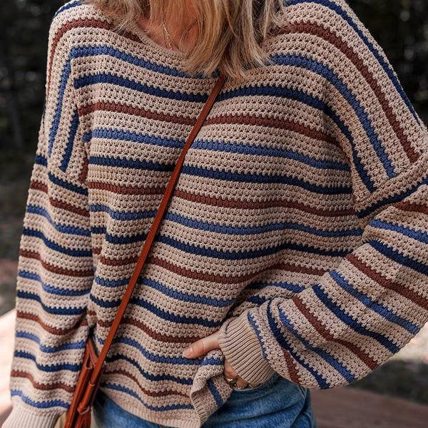 Striped Knitted Drop Shoulder Crew Neck Sweater