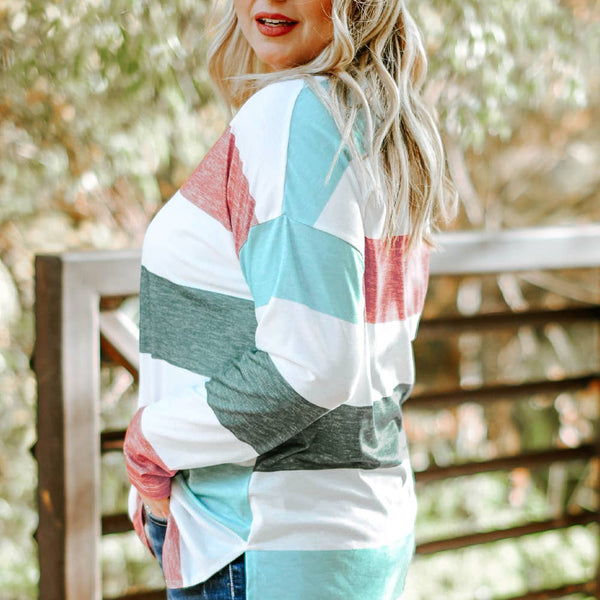 Striped Color Block Long Sleeve-Curvy