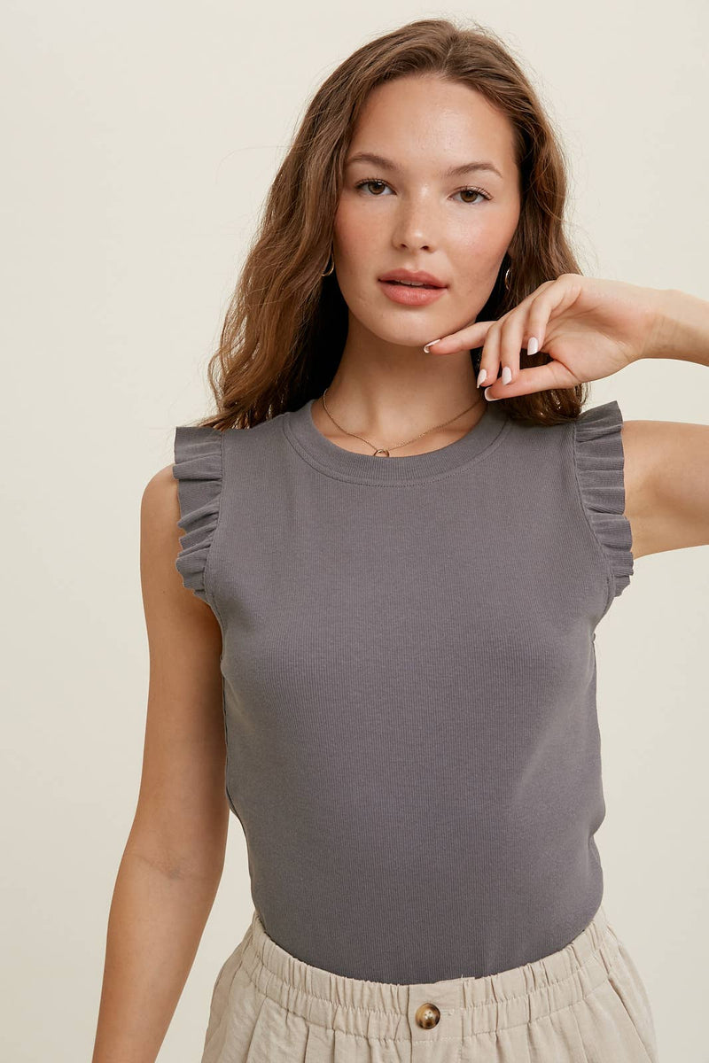 Ribbed Knit Tank with Ruffle Sleeve