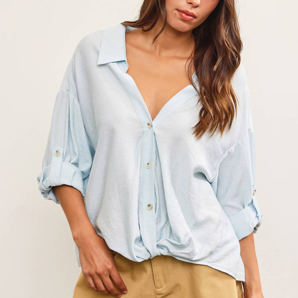V-Neck Knotted Button Up