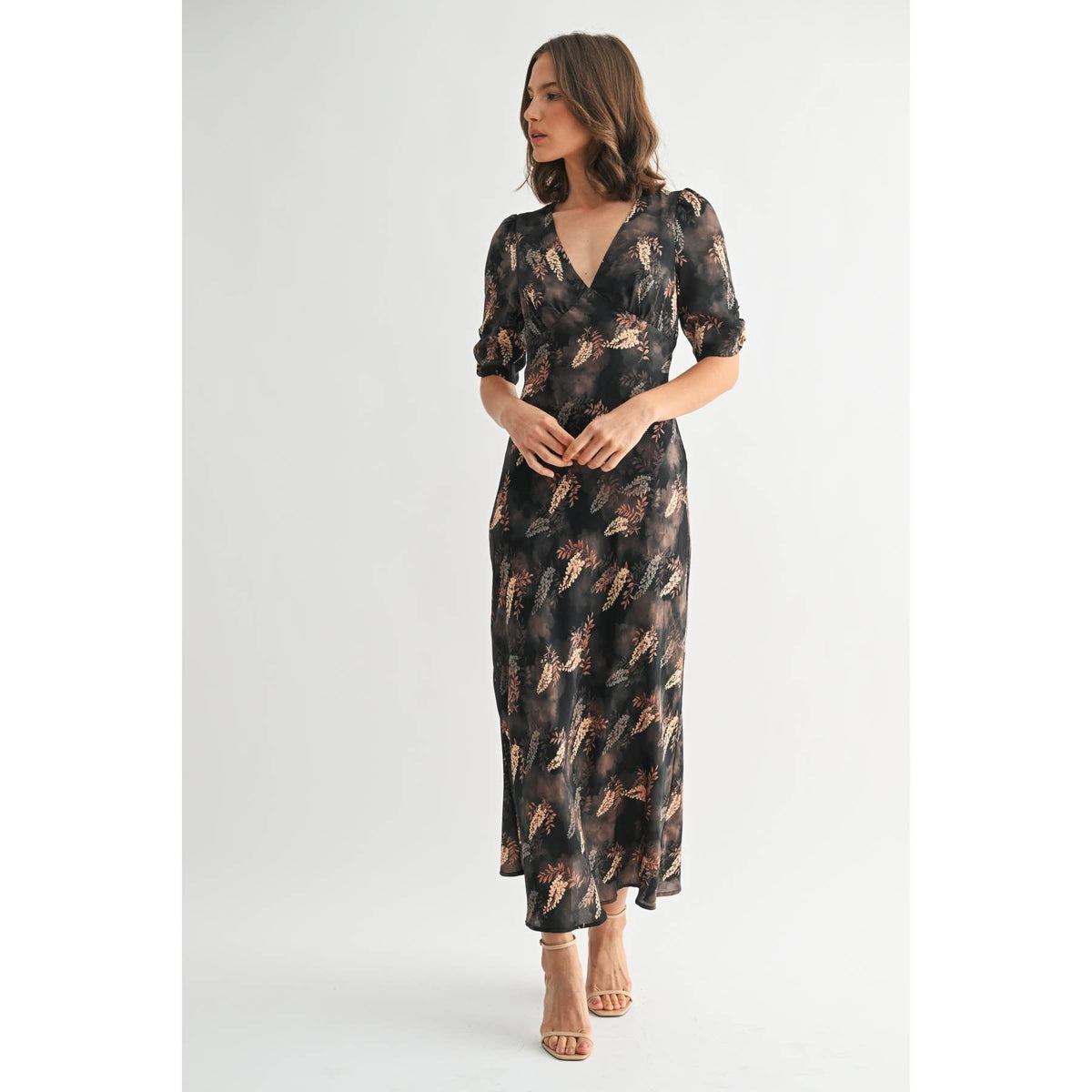Leaf Print Satin Dress
