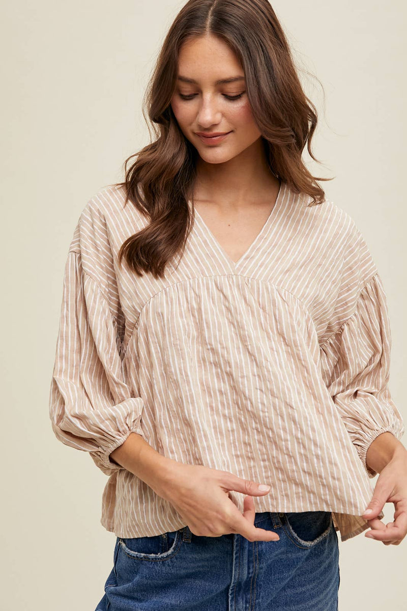 Striped 3/4 Balloon Sleeve Top