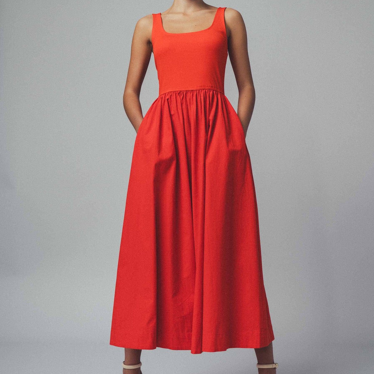 Elegant Square Neck Cotton Blend Gathered Waist Midi Dress