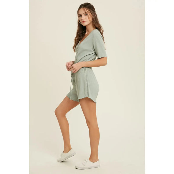 Ribbed Knit Romper with Tie