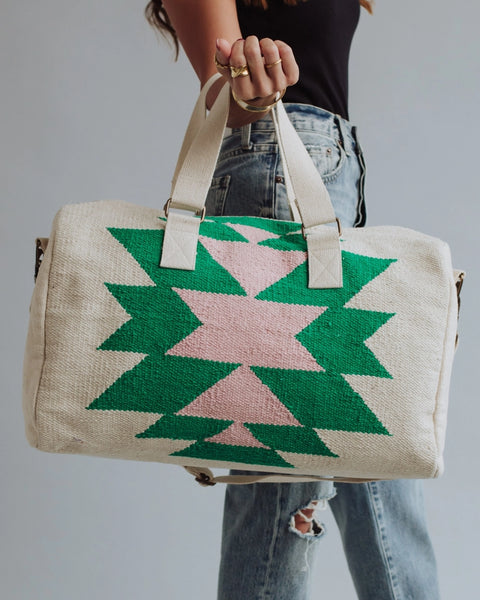Beige, green & lt. pink Aztec duffel