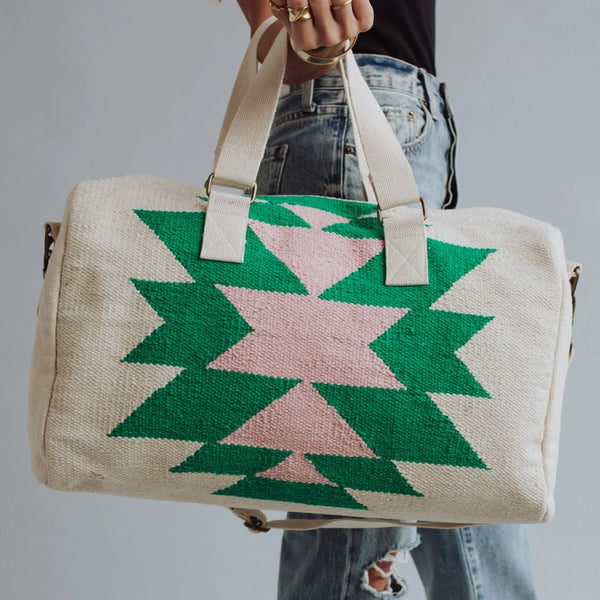 Beige, green & lt. pink Aztec duffel