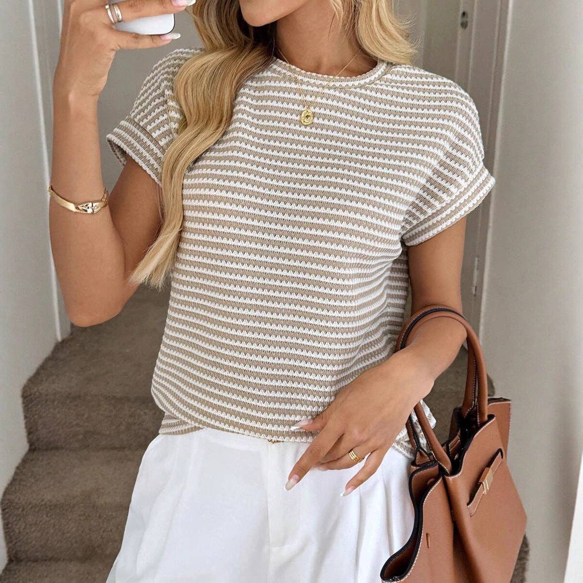 Striped Knit Short Sleeve Pullover Sweater Top