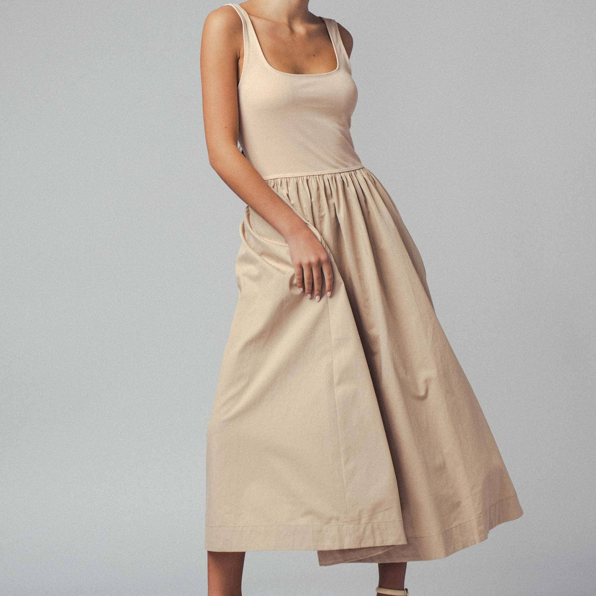 Elegant Square Neck Cotton Blend Gathered Waist Midi Dress