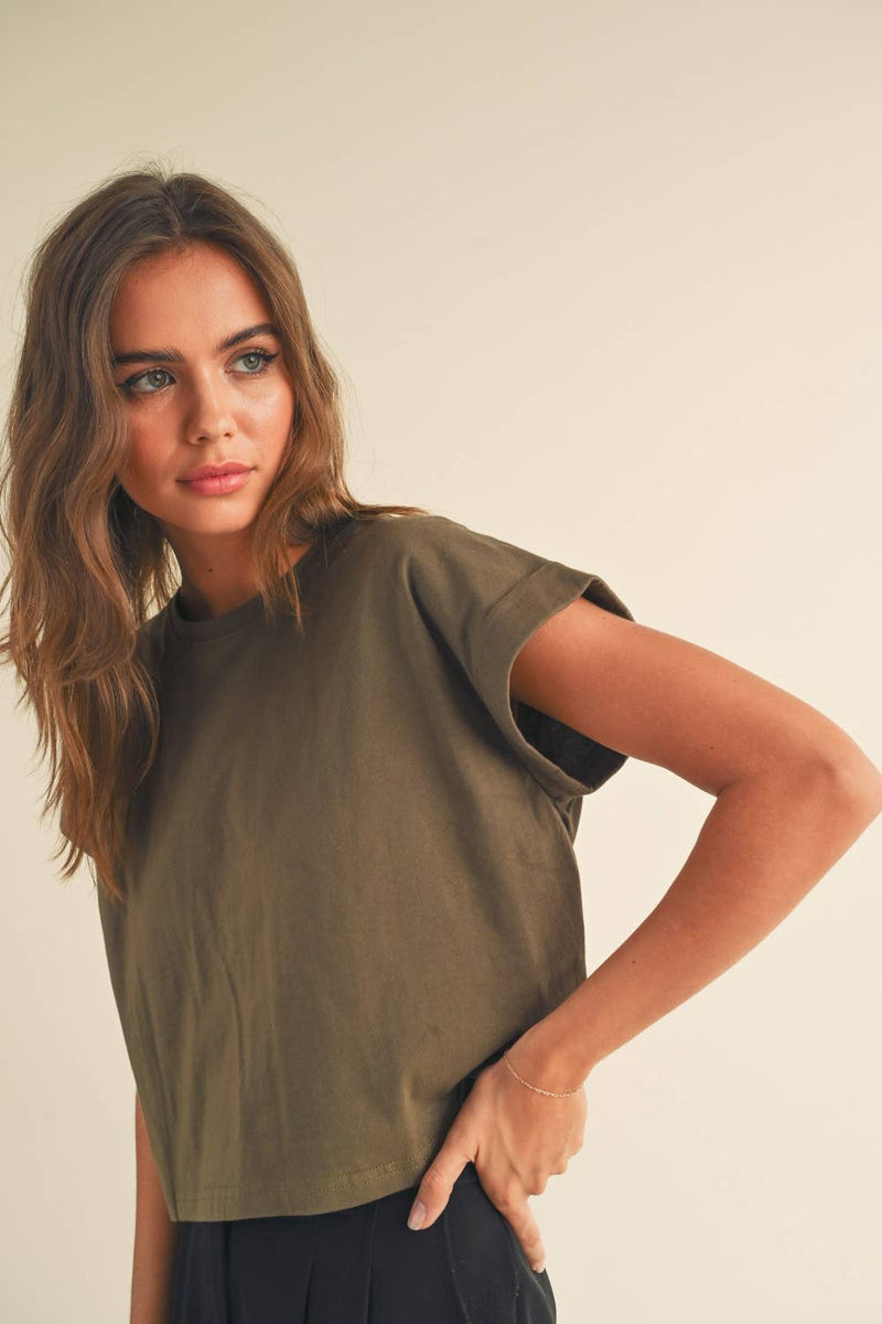 Round Neck Cuffed Sleeve