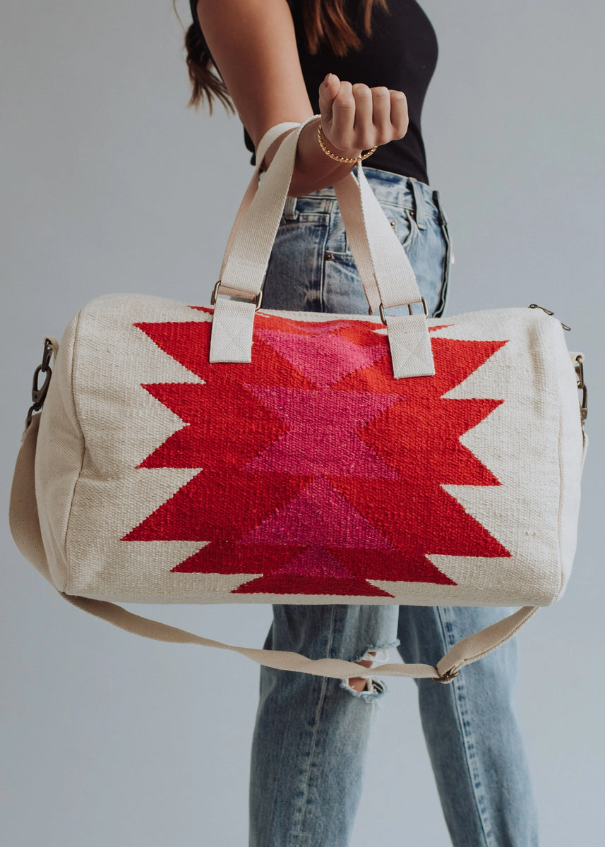 Cream, Red & Pink Aztec Duffel
