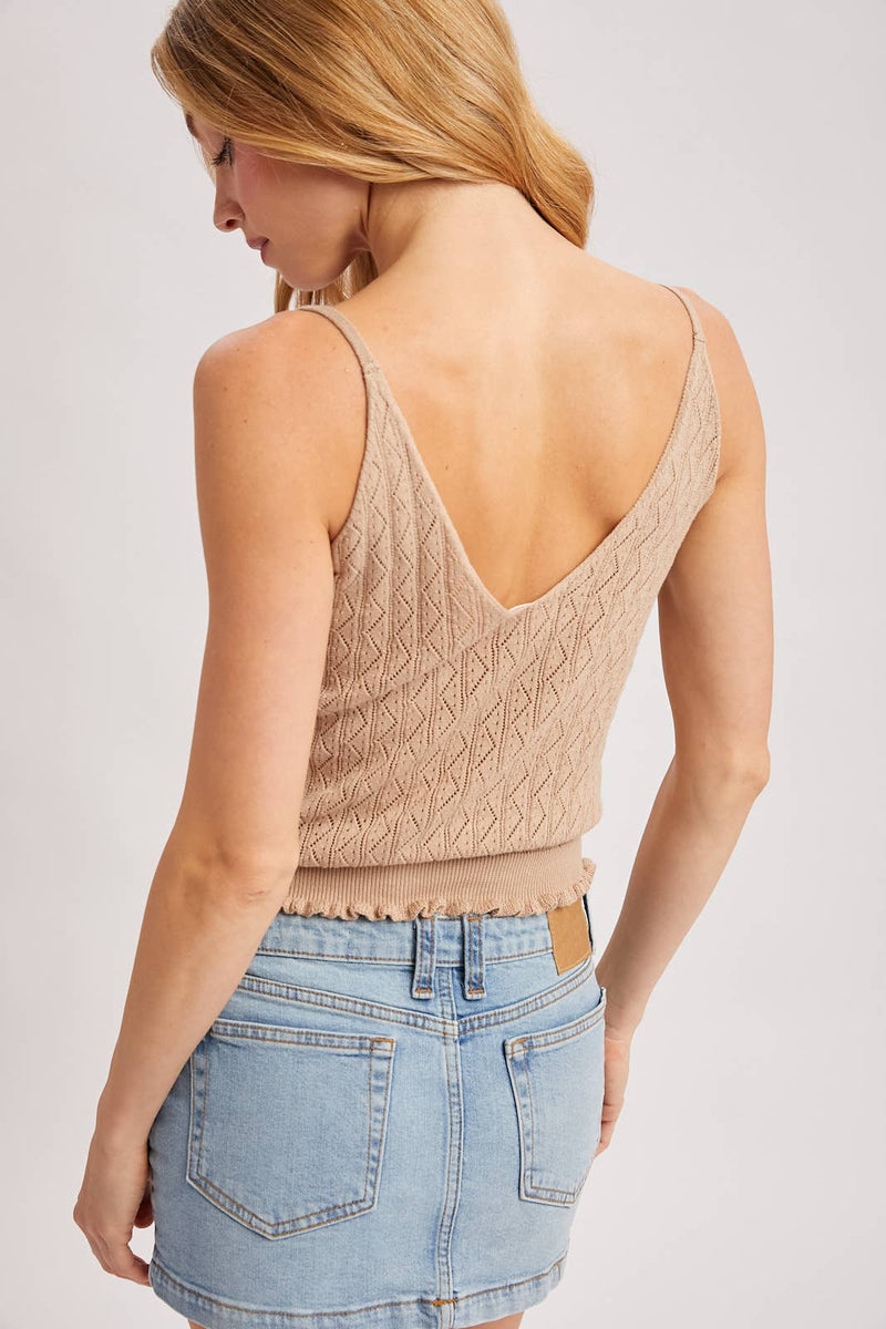 V-Neck Pointelle Knit Ruffled Hem Cami