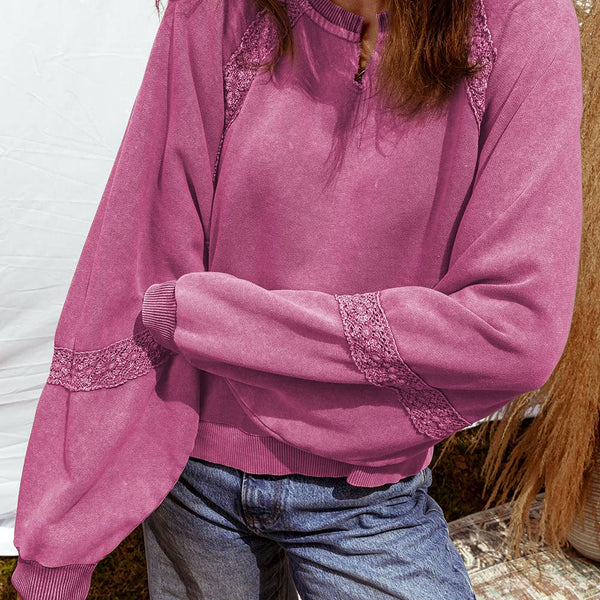 Lace Patchwork Detail Notched Neck Mineral Wash Sweatshirt