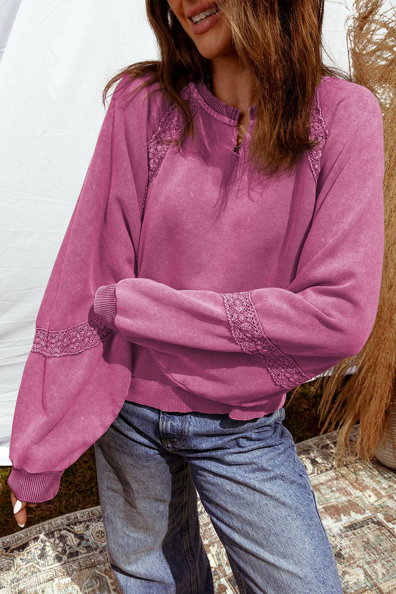 Lace Patchwork Detail Notched Neck Mineral Wash Sweatshirt
