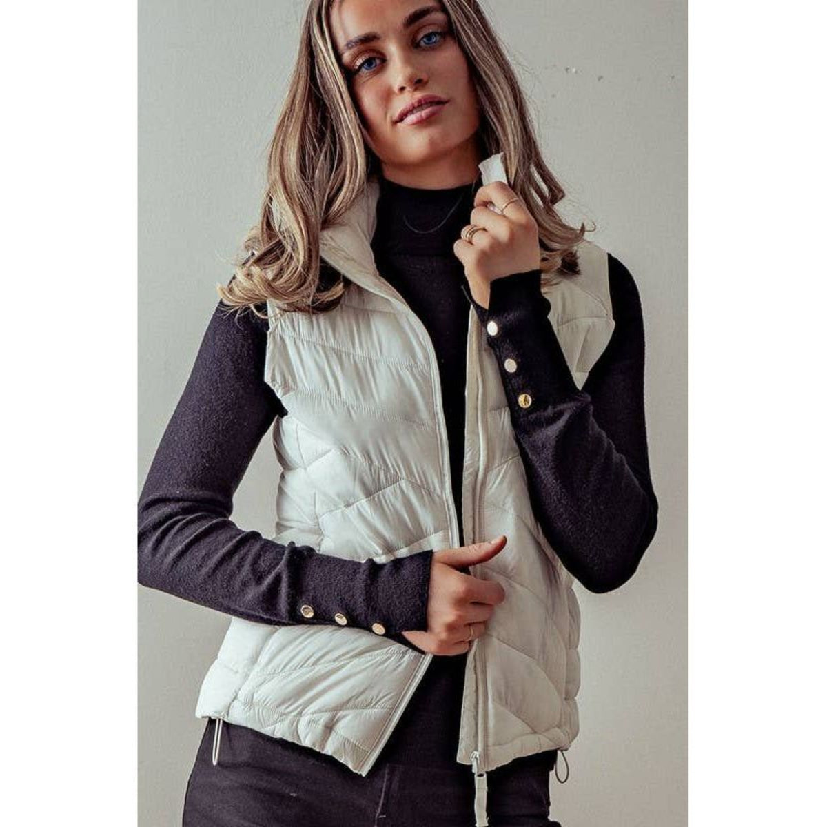 High neck zip up puffer vest (white); women's apparel