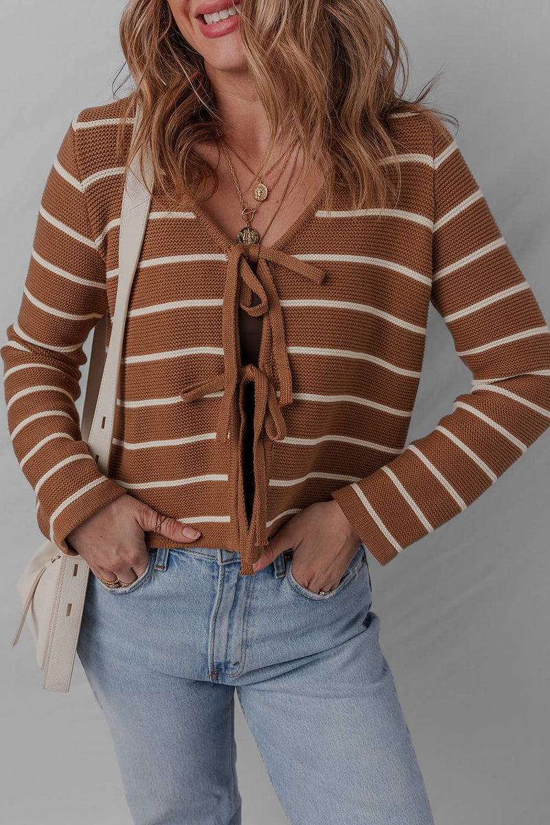 V-Neck Tie Front Striped Knit Cardigan Sweater