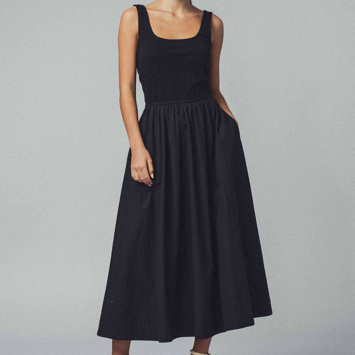 Elegant Square Neck Cotton Blend Gathered Waist Midi Dress