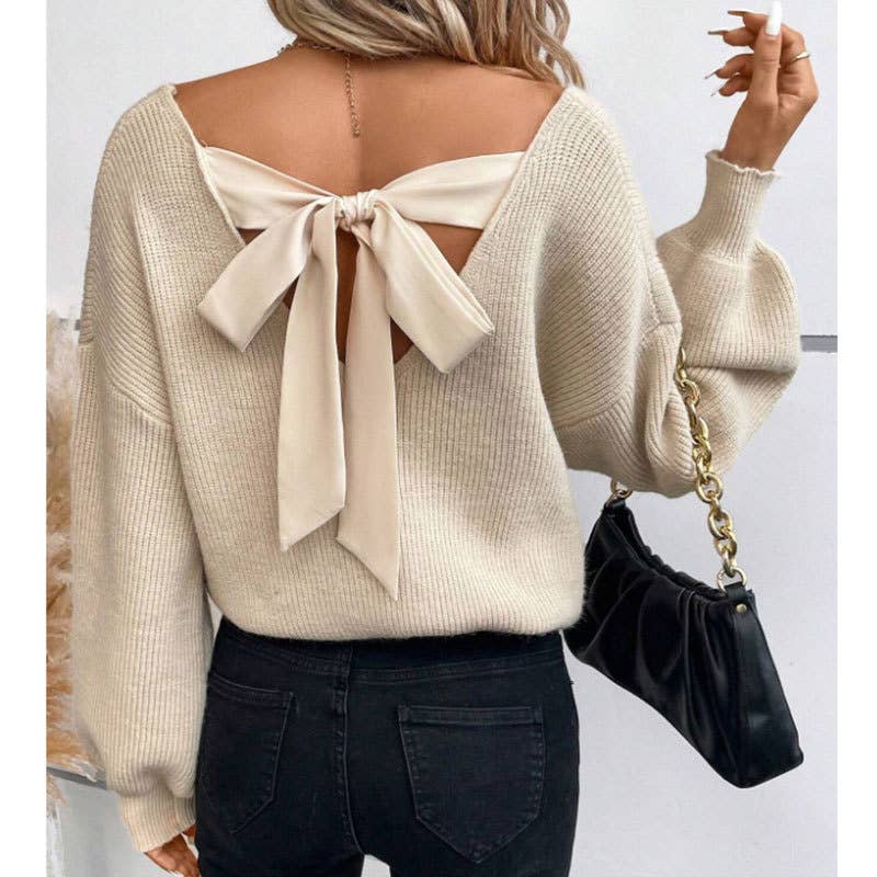 V-neck plain knit sweater with back tie