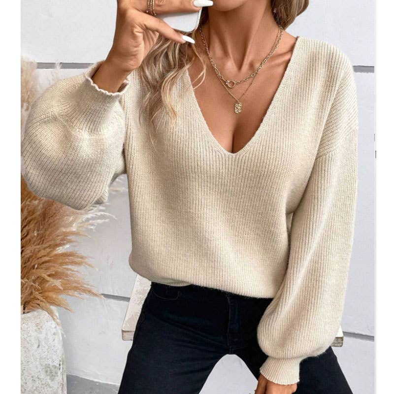 V-neck plain knit sweater with back tie