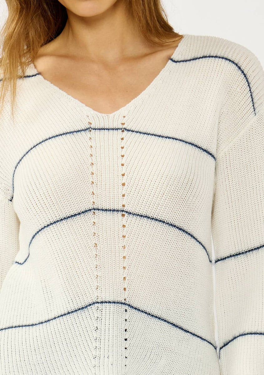 V-Neck Fuzzy Stripe Sweater