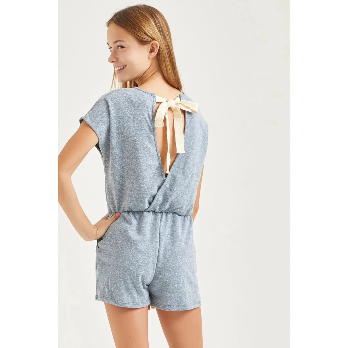 Tied Open Back French Terry Romper - Junior Clothing 