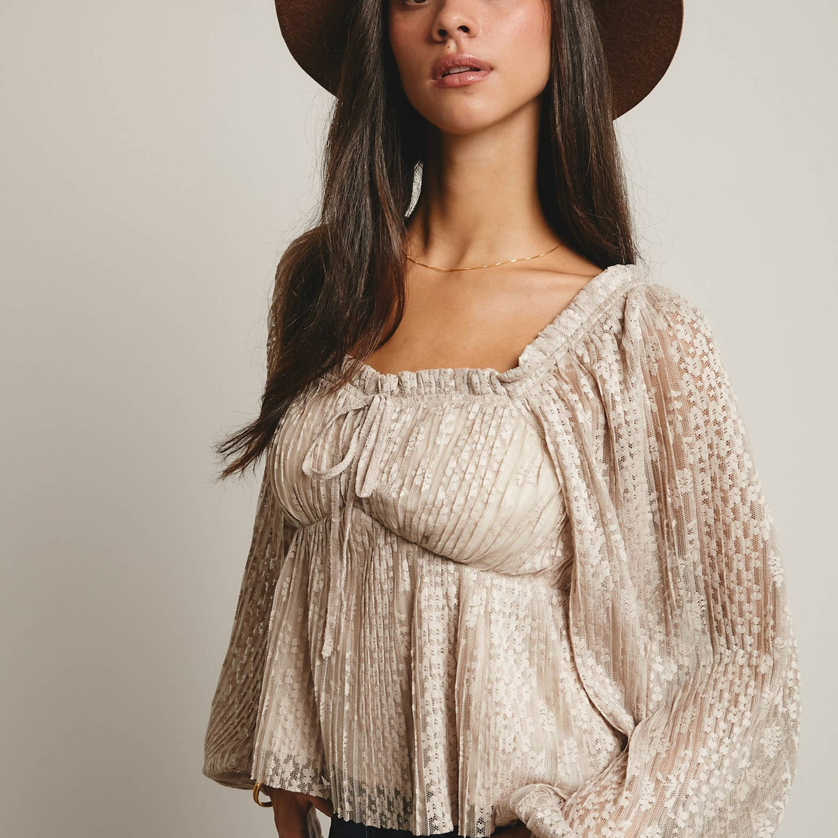 Zoey Pleated Lace Peplum Blouse