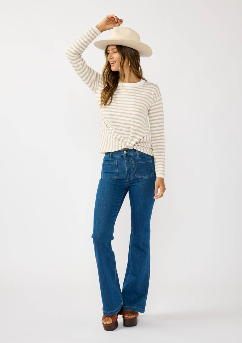 Horizontal Stripe Front Knot Pullover Sweater