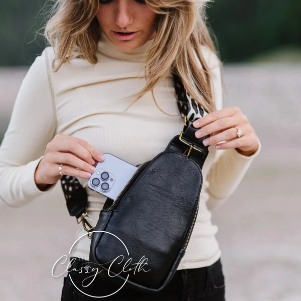 Black and leopard print shoulder sling bag - accessories