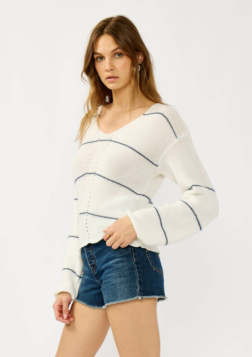 V-Neck Fuzzy Stripe Sweater