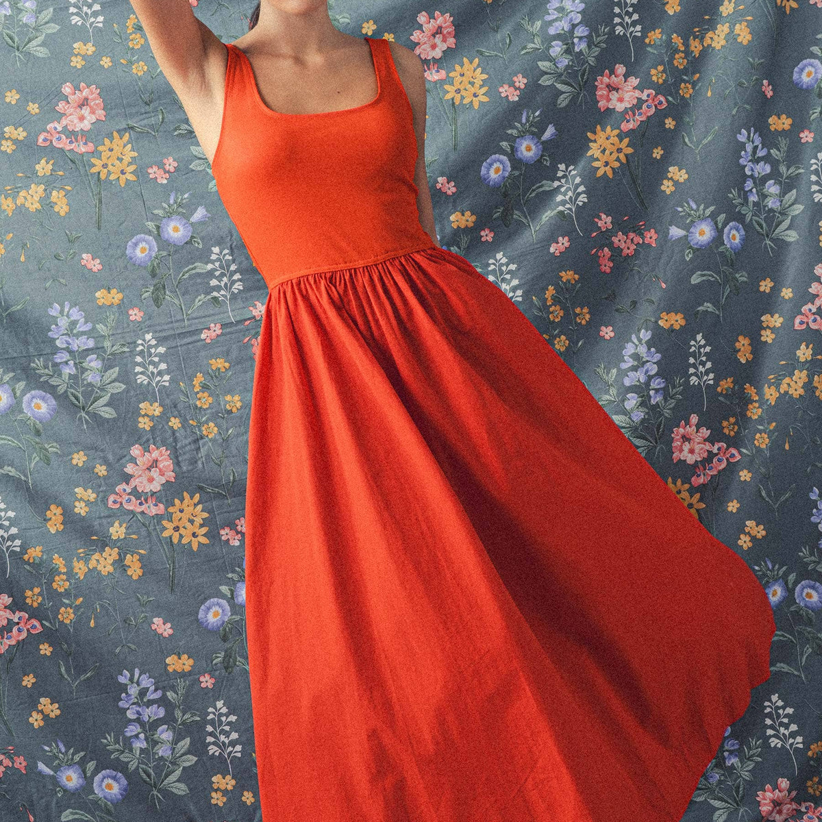 Elegant Square Neck Cotton Blend Gathered Waist Midi Dress