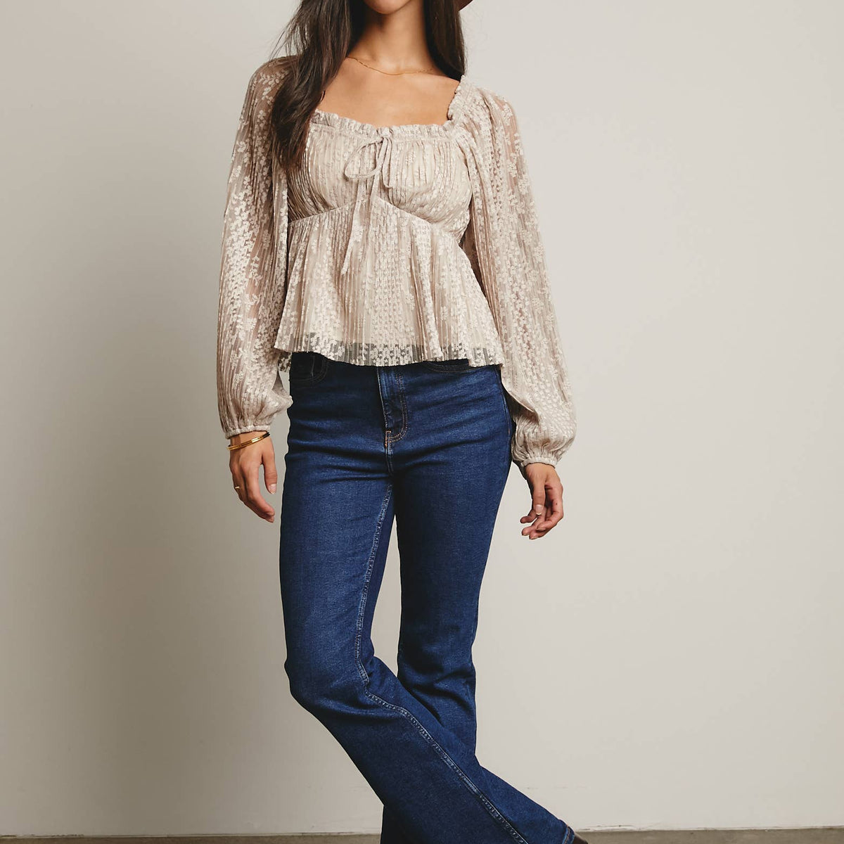 Zoey Pleated Lace Peplum Blouse
