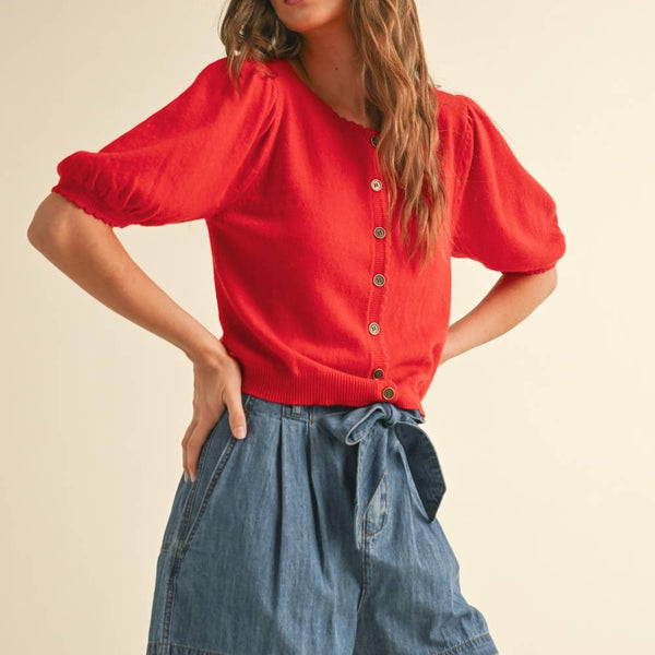 Puff Short Sleeve Button Down Knit Cardigan