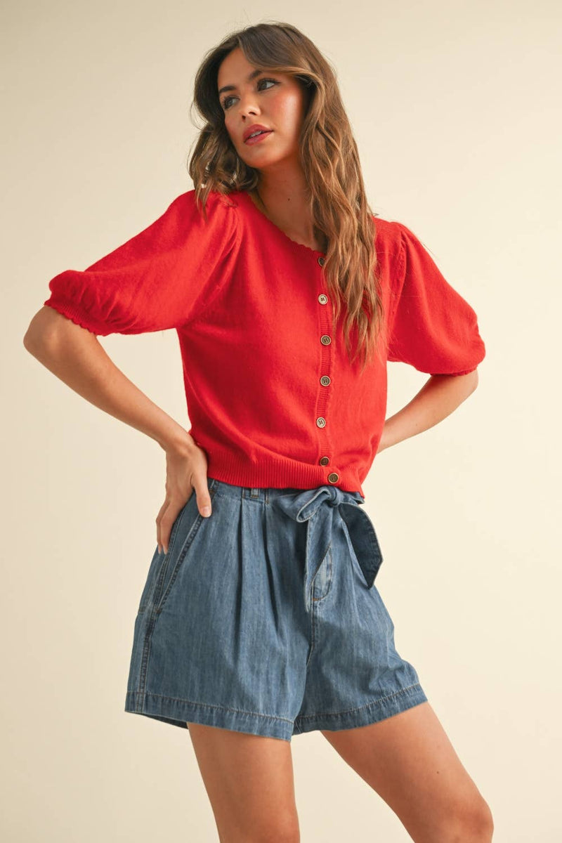Puff Short Sleeve Button Down Knit Cardigan