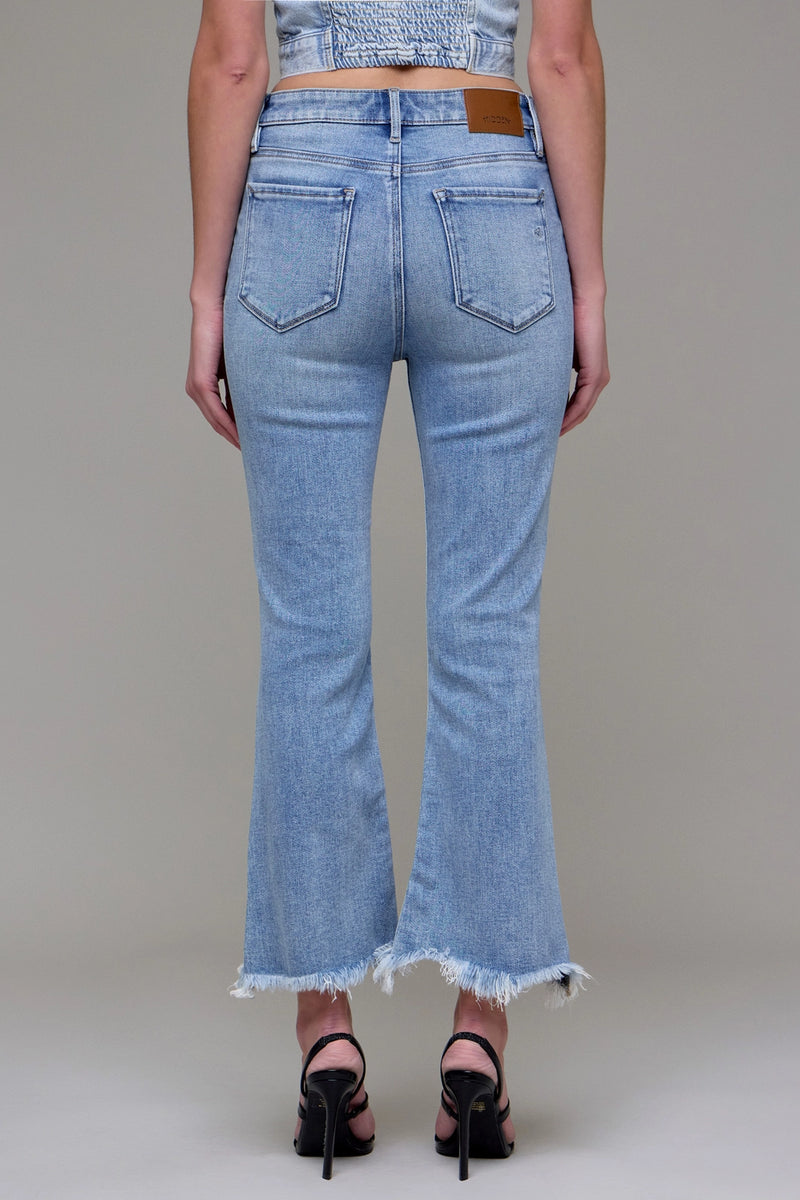 Medium Wash Clean Frayed Hem Stretch Crop Flare- Hidden