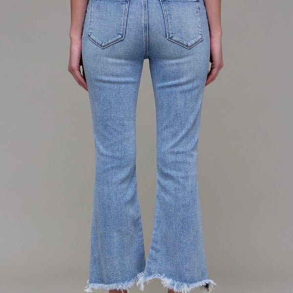 Medium Wash Clean Frayed Hem Stretch Crop Flare- Hidden