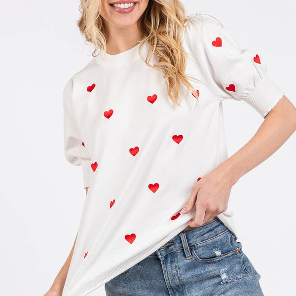 VALENTINES HEART SWEATER SHORT SLEEVE TOP