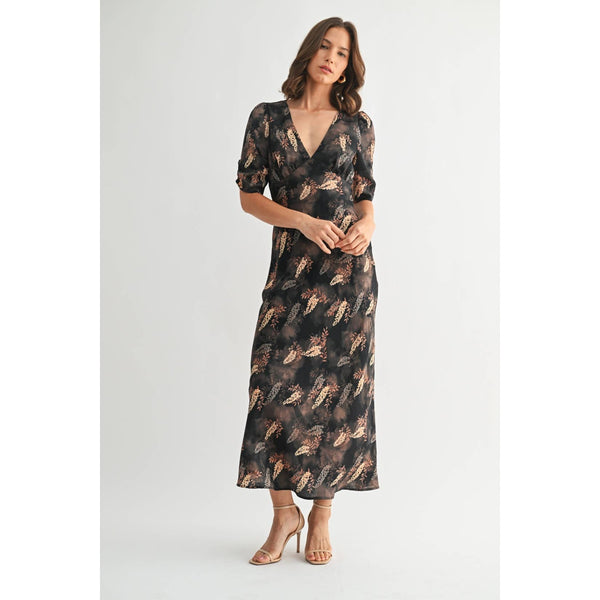 Leaf Print Satin Dress
