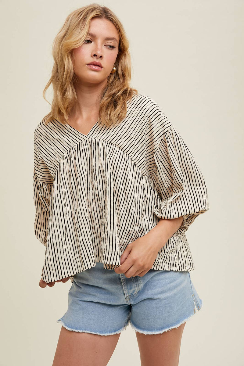 Striped 3/4 Balloon Sleeve Top