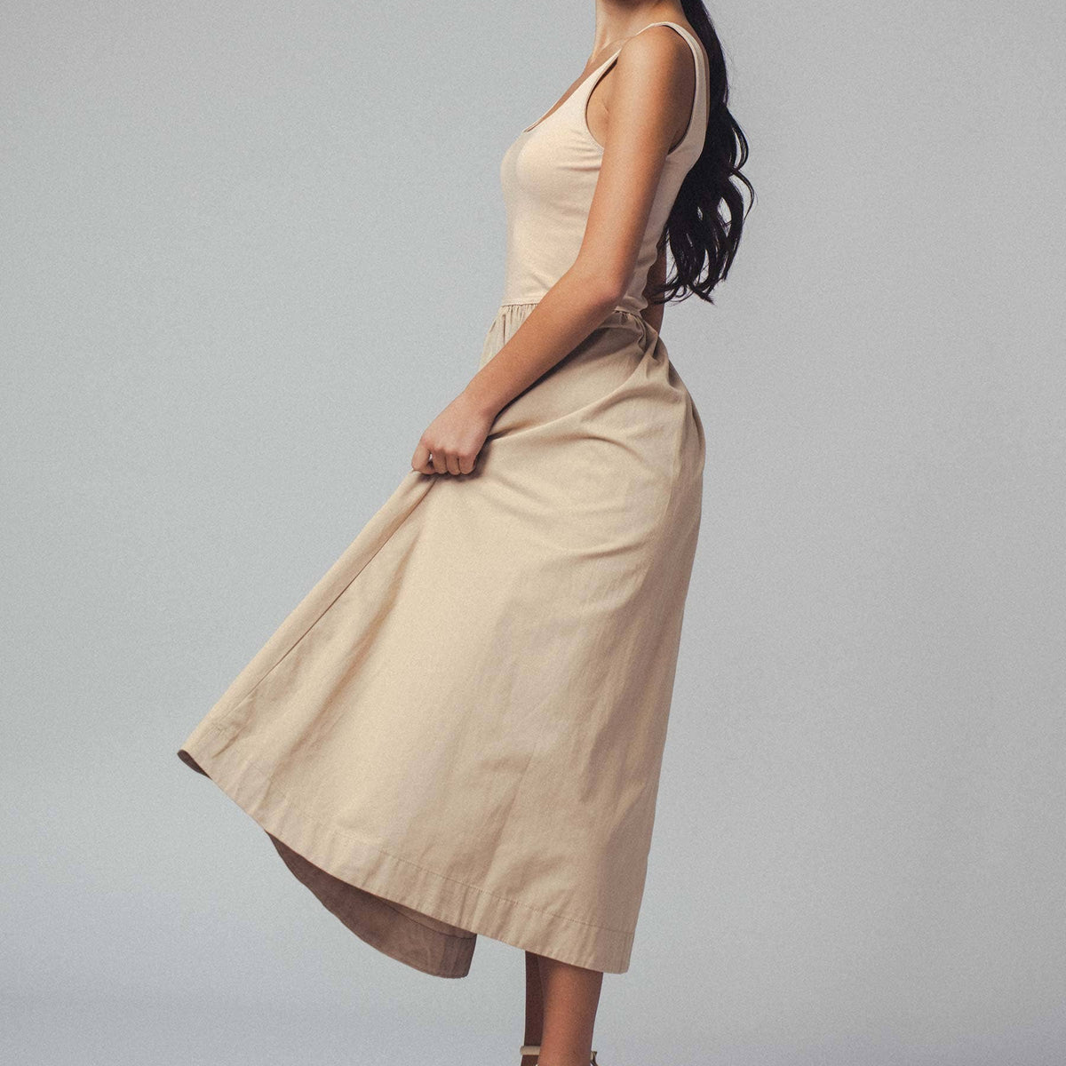 Elegant Square Neck Cotton Blend Gathered Waist Midi Dress
