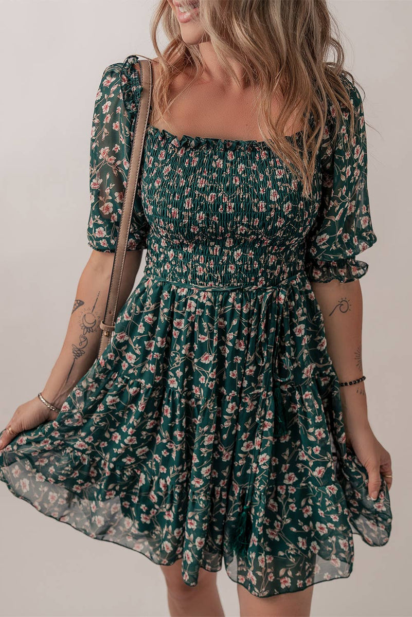 Floral Mesh Overlay Square Neck Ruffle Dress