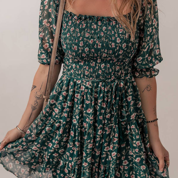 Floral Mesh Overlay Square Neck Ruffle Dress